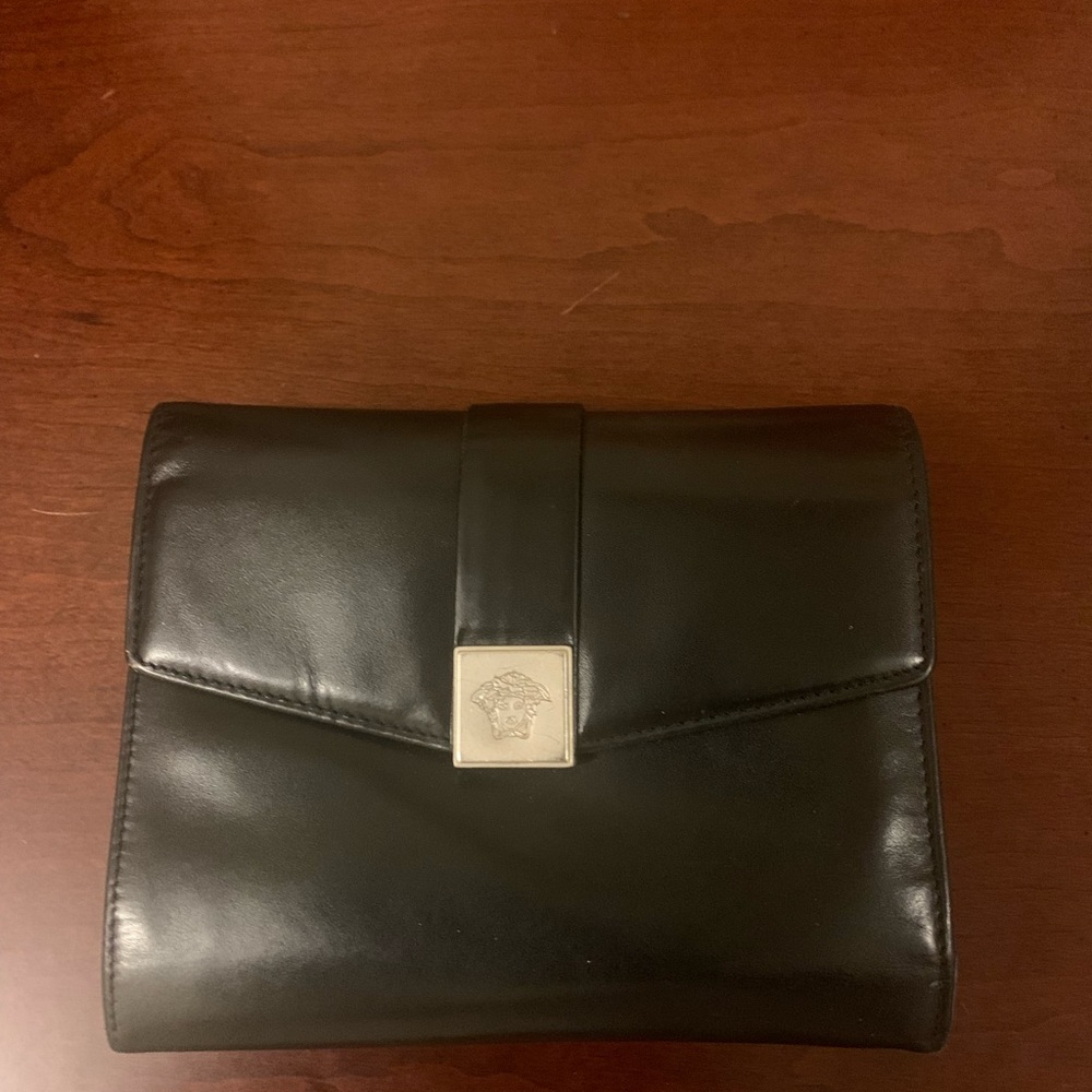 Versace Black Leather Wallet with Silver Medusa Detail